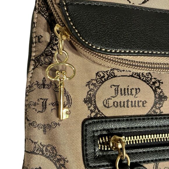 A Juicy Couture tan And Black Medium Backpack With Crown And Key. Fold Over Top - Picture 3 of 13